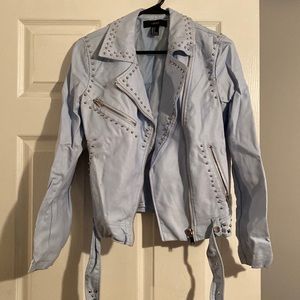 Baby Blue Faux Leather Jacket with Beaded Studs
